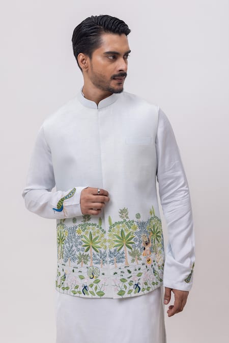 Kaka Calcutta Sky Blue Linen, Satin Embroidery Shreenath Nehru Jacket