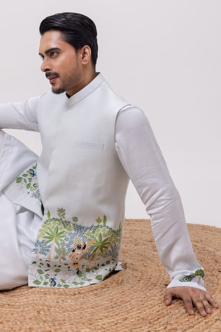 Buy_Kaka Calcutta_Sky Blue Linen, Satin Embroidery Shreenath Nehru Jacket _Online_at_Aza_Fashions