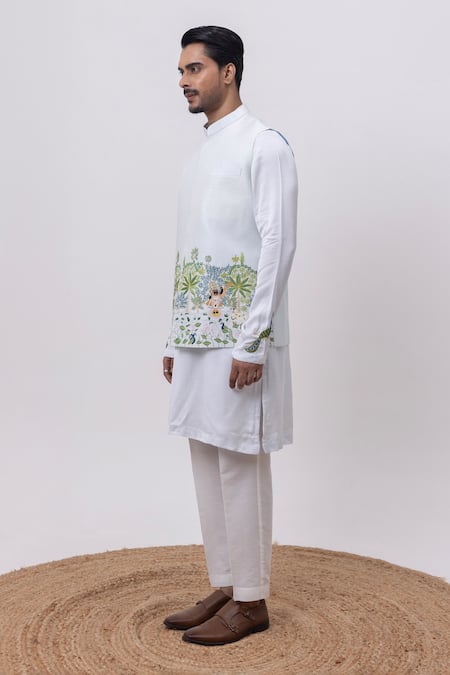Kaka Calcutta_Sky Blue Linen, Satin, Cotton Shreenath Nehru Jacket With Kurta And Pant Set _Online_at_Aza_Fashions