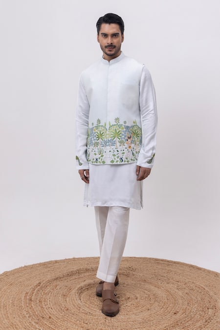 Kaka Calcutta Sky Blue Linen, Satin, Cotton Shreenath Nehru Jacket With Kurta And Pant Set
