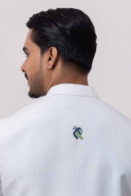 Buy_Kaka Calcutta_Sky Blue Linen, Satin, Cotton Shreenath Nehru Jacket With Kurta And Pant Set _Online_at_Aza_Fashions