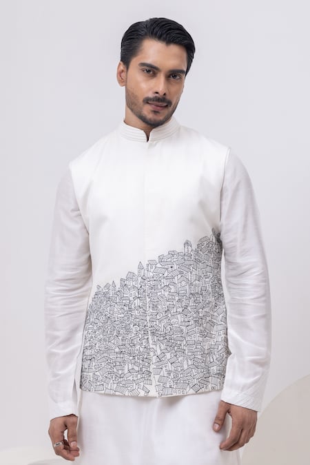 Kaka Calcutta White Cotton Embroidery Building Nehru Jacket 