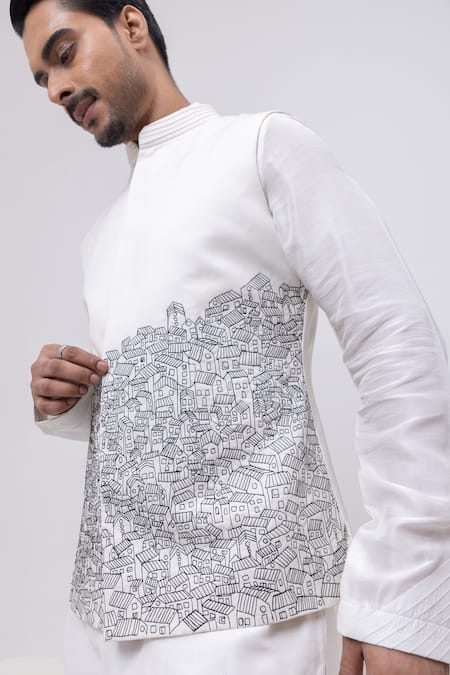 Kaka Calcutta_White Cotton Embroidery Building Nehru Jacket _Online_at_Aza_Fashions
