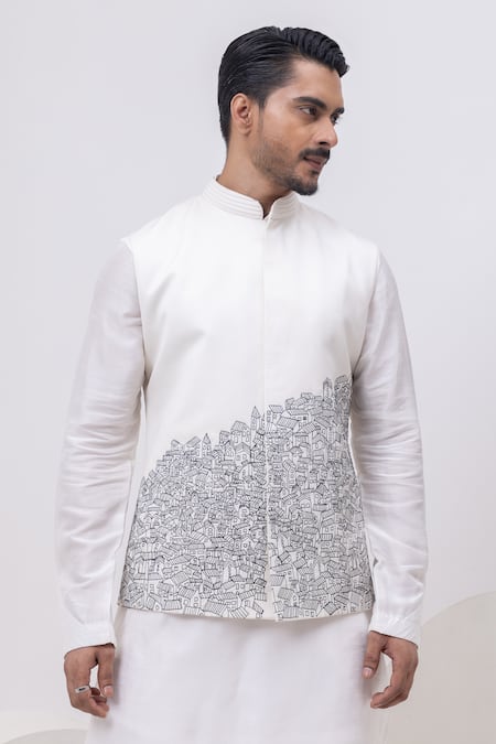 Buy_Kaka Calcutta_White Cotton Embroidery Building Nehru Jacket _Online_at_Aza_Fashions