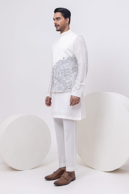 Kaka Calcutta_White Bamboo, Cotton Embroidery Building Nehru Jacket With Kurta And Pant Set _Online_at_Aza_Fashions