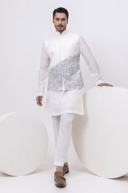 Kaka Calcutta White Bamboo, Cotton Embroidery Building Nehru Jacket With Kurta And Pant Set 