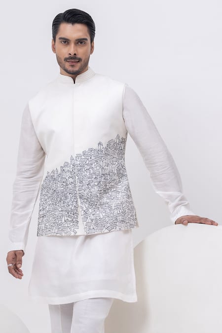 Buy_Kaka Calcutta_White Bamboo, Cotton Embroidery Building Nehru Jacket With Kurta And Pant Set _Online_at_Aza_Fashions