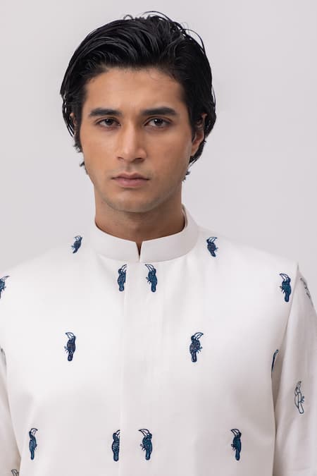 Kaka Calcutta_White Embroidery Macaw Nehru Jacket _Online_at_Aza_Fashions