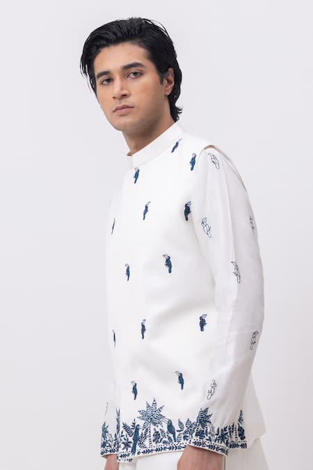 Buy_Kaka Calcutta_White Embroidery Macaw Nehru Jacket _Online_at_Aza_Fashions