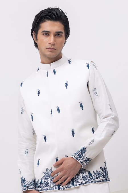 Kaka Calcutta White Embroidery Macaw Nehru Jacket