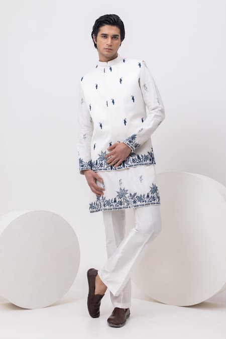 Kaka Calcutta White Bamboo, Cotton Embroidery Macaw Nehru Jacket With Kurta And Pant Set 
