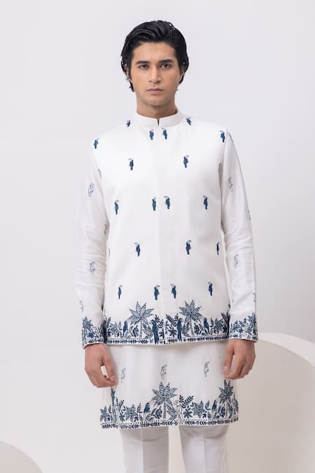 Kaka Calcutta_White Bamboo, Cotton Embroidery Macaw Nehru Jacket With Kurta And Pant Set _Online_at_Aza_Fashions