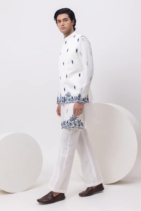 Buy_Kaka Calcutta_White Bamboo, Cotton Embroidery Macaw Nehru Jacket With Kurta And Pant Set _Online_at_Aza_Fashions