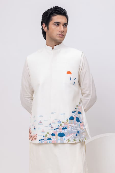 Kaka Calcutta Ivory Embroidery Greece Nehru Jacket 