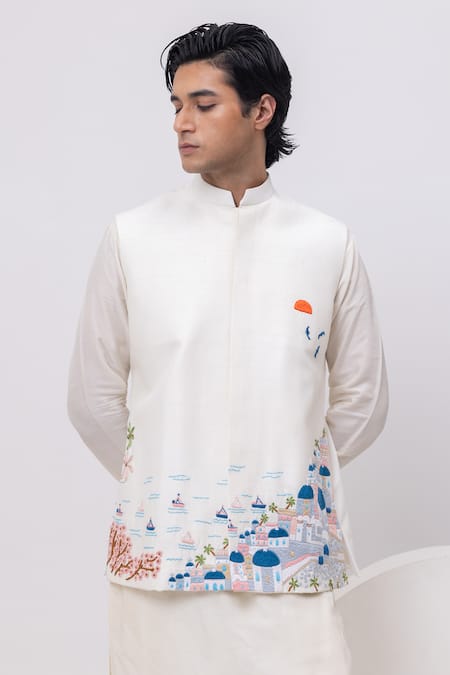 Kaka Calcutta_Ivory Embroidery Greece Nehru Jacket _Online_at_Aza_Fashions