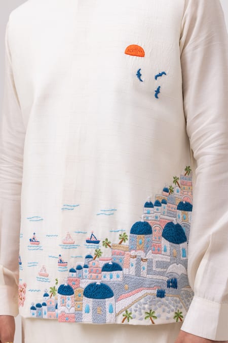 Buy_Kaka Calcutta_Ivory Embroidery Greece Nehru Jacket _Online_at_Aza_Fashions