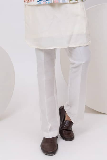 Kaka Calcutta_Ivory Bamboo, Cotton Embroidery Greece Nehru Jacket With Kurta And Pant Set _Online_at_Aza_Fashions