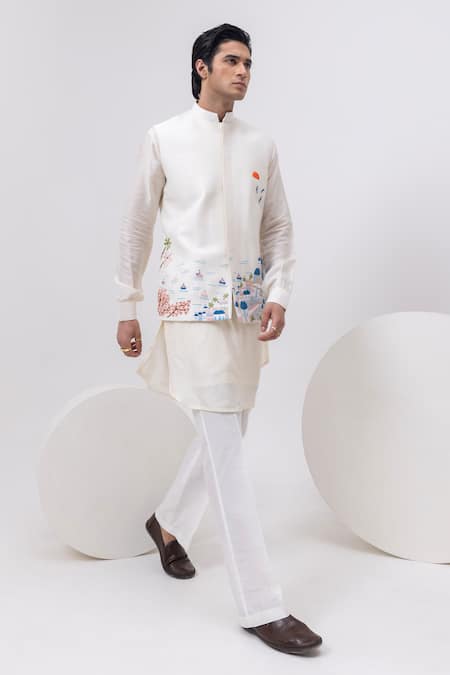 Buy_Kaka Calcutta_Ivory Bamboo, Cotton Embroidery Greece Nehru Jacket With Kurta And Pant Set _Online_at_Aza_Fashions