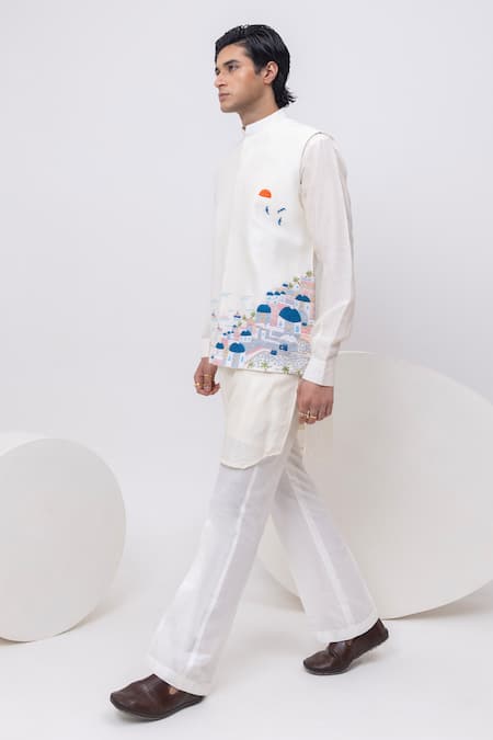Shop_Kaka Calcutta_Ivory Bamboo, Cotton Embroidery Greece Nehru Jacket With Kurta And Pant Set _Online_at_Aza_Fashions