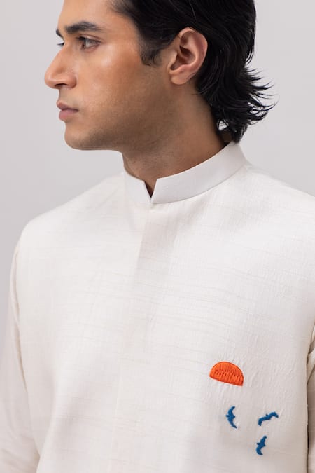 Kaka Calcutta_Ivory Bamboo, Cotton Embroidery Greece Nehru Jacket With Kurta And Pant Set _at_Aza_Fashions