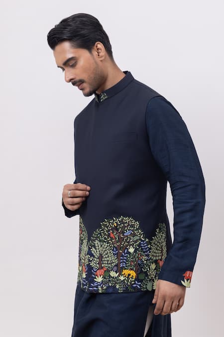 Kaka Calcutta_Navy Embroidery Jungle Nehru Jacket _Online_at_Aza_Fashions