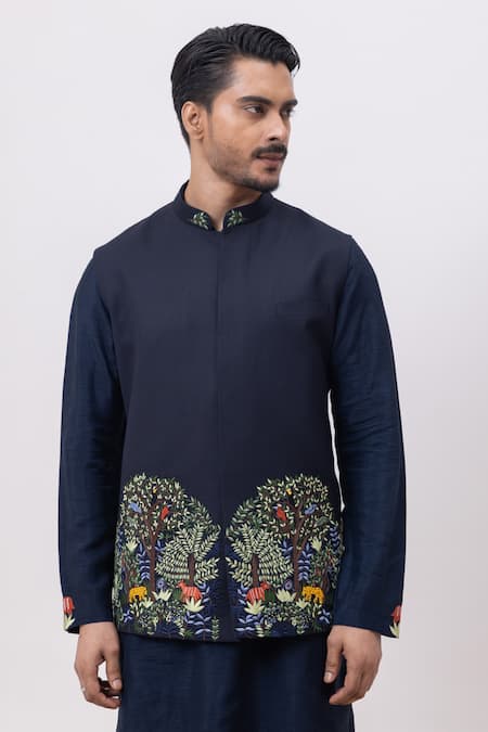 Kaka Calcutta Navy Embroidery Jungle Nehru Jacket 