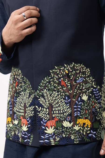 Buy_Kaka Calcutta_Navy Embroidery Jungle Nehru Jacket _Online_at_Aza_Fashions