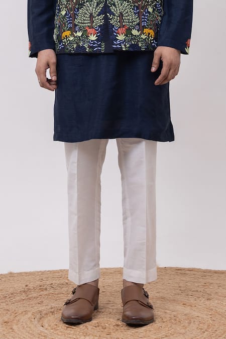 Kaka Calcutta_Navy Bamboo, Silk, Cotton Embroidery Jungle Nehru Jacket With Kurta And Pant Set _Online_at_Aza_Fashions