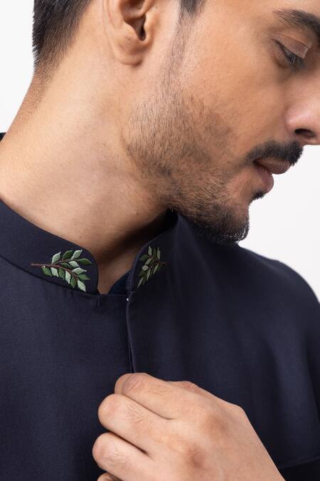 Buy_Kaka Calcutta_Navy Bamboo, Silk, Cotton Embroidery Jungle Nehru Jacket With Kurta And Pant Set _Online_at_Aza_Fashions