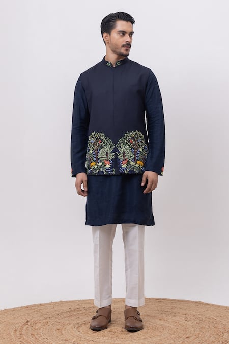 Kaka Calcutta Navy Bamboo, Silk, Cotton Embroidery Jungle Nehru Jacket With Kurta And Pant Set 