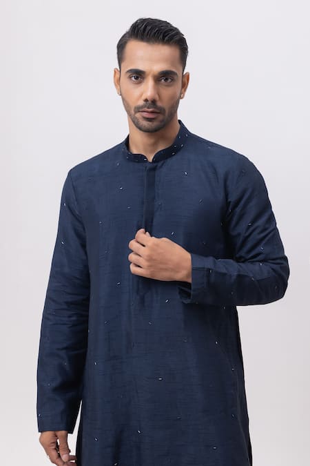 Shop_Kaka Calcutta_Navy Bamboo, Silk, Cotton Embroidery Jungle Nehru Jacket With Kurta And Pant Set _Online_at_Aza_Fashions