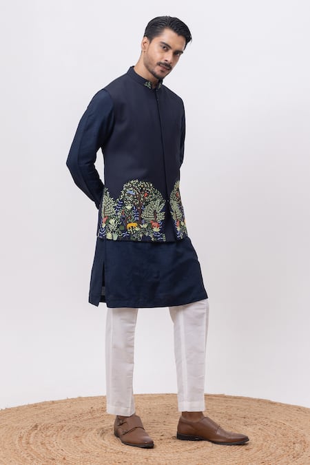 Kaka Calcutta_Navy Bamboo, Silk, Cotton Embroidery Jungle Nehru Jacket With Kurta And Pant Set _at_Aza_Fashions