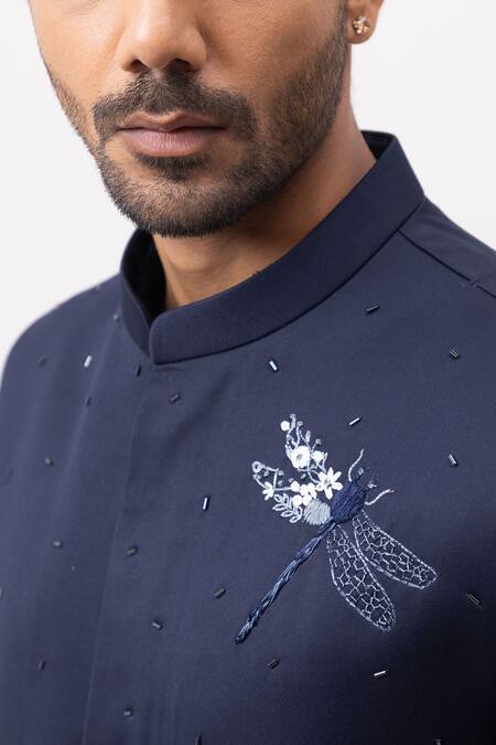 Kaka Calcutta_Navy Sequins Firefly Nehru Jacket _Online_at_Aza_Fashions