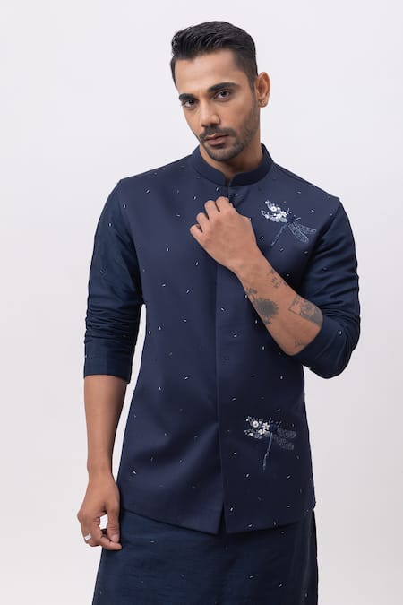 Kaka Calcutta Navy Sequins Firefly Nehru Jacket 