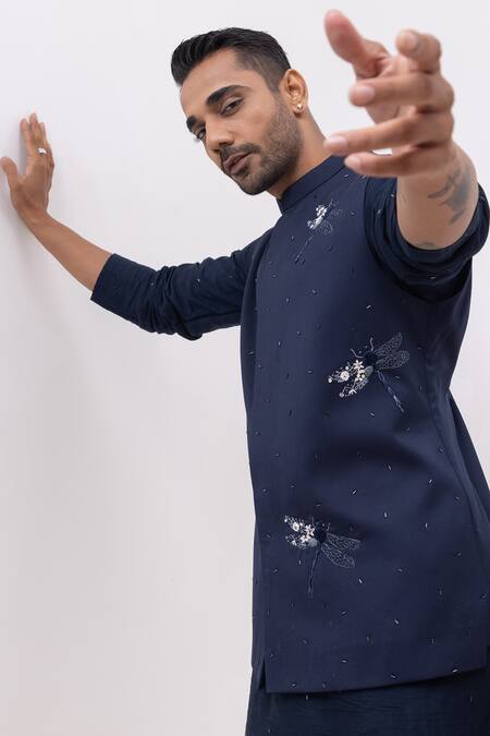 Buy_Kaka Calcutta_Navy Sequins Firefly Nehru Jacket _Online_at_Aza_Fashions