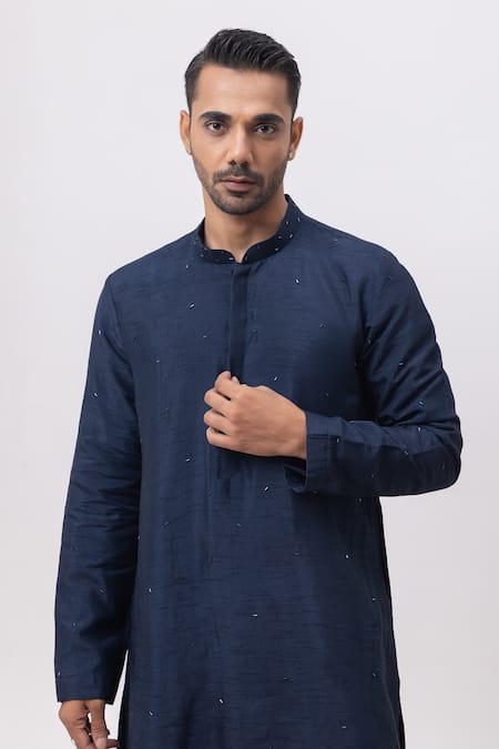 Kaka Calcutta_Navy Bamboo, Silk, Cotton Embroidery Firefly Nehru Jacket With Kurta And Pant Set _Online_at_Aza_Fashions