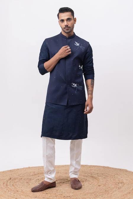 Kaka Calcutta Navy Bamboo, Silk, Cotton Embroidery Firefly Nehru Jacket With Kurta And Pant Set 