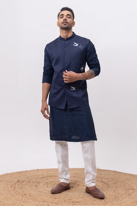 Buy_Kaka Calcutta_Navy Bamboo, Silk, Cotton Embroidery Firefly Nehru Jacket With Kurta And Pant Set _Online_at_Aza_Fashions