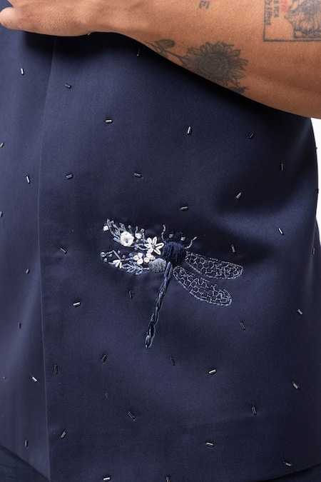 Shop_Kaka Calcutta_Navy Bamboo, Silk, Cotton Embroidery Firefly Nehru Jacket With Kurta And Pant Set _Online_at_Aza_Fashions