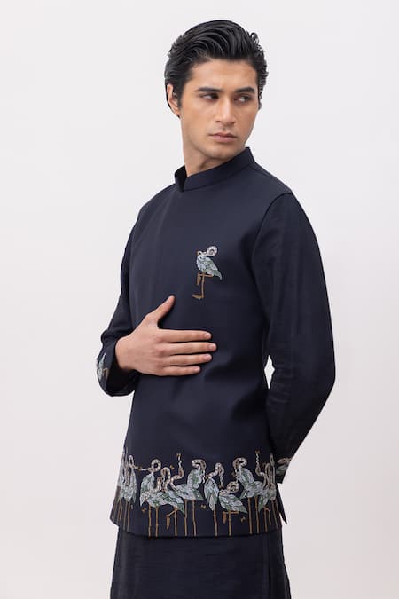 Kaka Calcutta_Navy Embroidery Flamingo Nehru Jacket _Online_at_Aza_Fashions