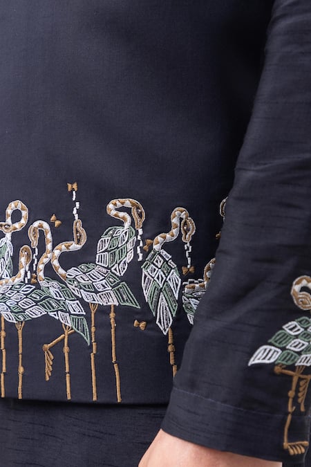 Buy_Kaka Calcutta_Navy Embroidery Flamingo Nehru Jacket _Online_at_Aza_Fashions