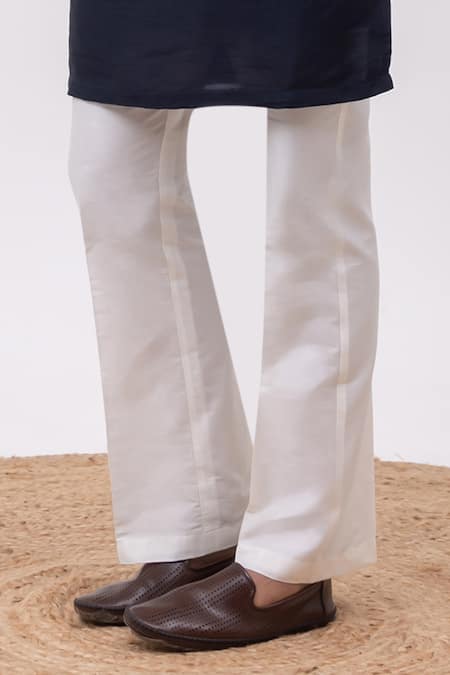 Kaka Calcutta_Navy Bamboo, Silk, Cotton Embroidery Flamingo Nehru Jacket With Kurta And Pant Set _Online_at_Aza_Fashions