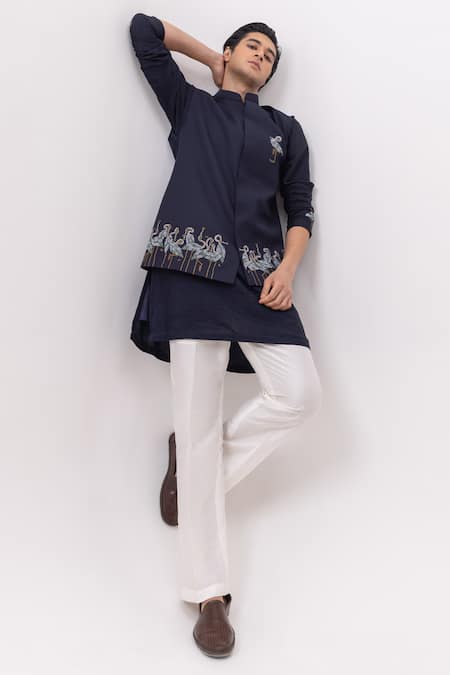 Kaka Calcutta Navy Bamboo, Silk, Cotton Embroidery Flamingo Nehru Jacket With Kurta And Pant Set 