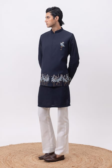 Buy_Kaka Calcutta_Navy Bamboo, Silk, Cotton Embroidery Flamingo Nehru Jacket With Kurta And Pant Set _Online_at_Aza_Fashions