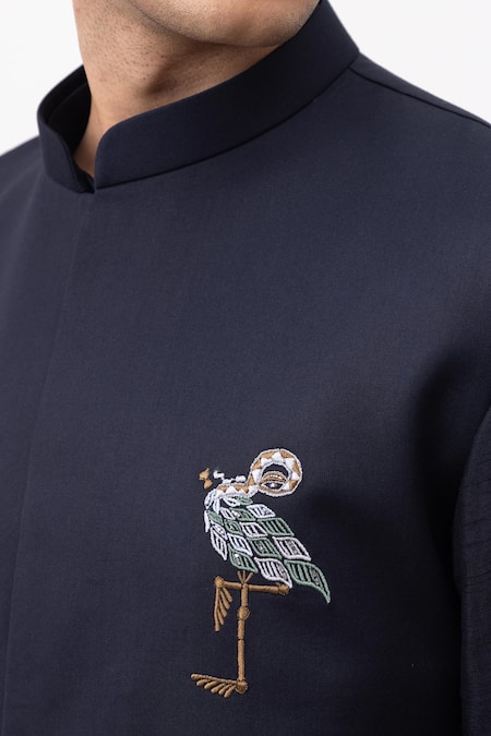 Shop_Kaka Calcutta_Navy Bamboo, Silk, Cotton Embroidery Flamingo Nehru Jacket With Kurta And Pant Set _Online_at_Aza_Fashions