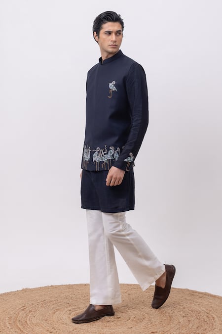 Kaka Calcutta_Navy Bamboo, Silk, Cotton Embroidery Flamingo Nehru Jacket With Kurta And Pant Set _at_Aza_Fashions