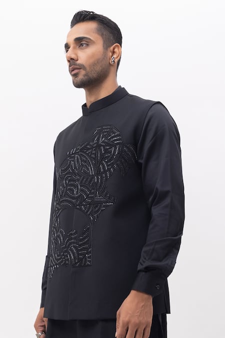 Buy_Kaka Calcutta_Black Embroidery Science Nehru Jacket _Online_at_Aza_Fashions