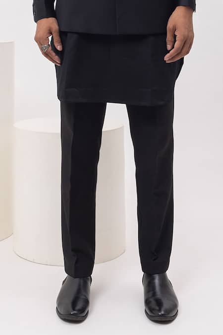 Kaka Calcutta_Black Cotton, Mukaish Embroidery Science Nehru Jacket With Kurta And Pant Set _Online_at_Aza_Fashions