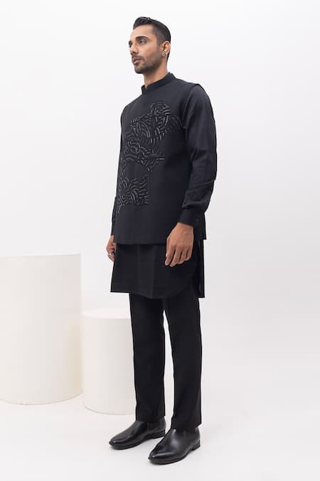 Buy_Kaka Calcutta_Black Cotton, Mukaish Embroidery Science Nehru Jacket With Kurta And Pant Set _Online_at_Aza_Fashions