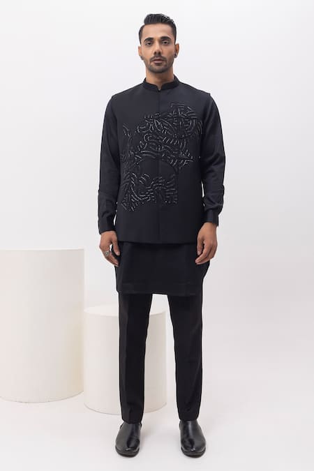 Kaka Calcutta Black Cotton, Mukaish Embroidery Science Nehru Jacket With Kurta And Pant Set 